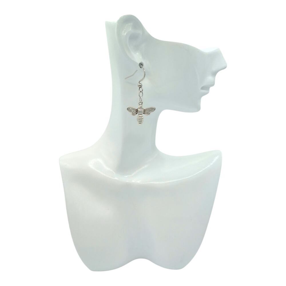 Silver bee dangle earrings — lightweight nature insect jewelry - Picture 3 of 3